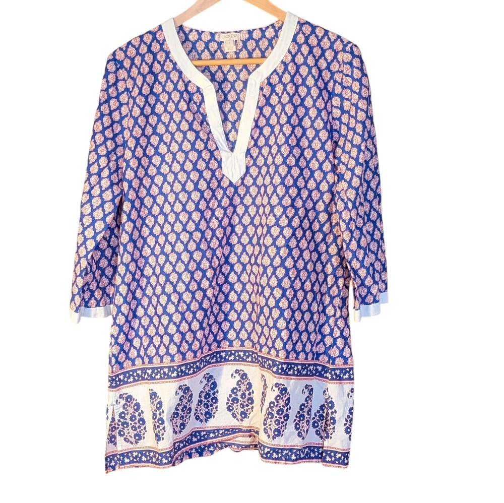 J. Crew Navy and White Patterned Tunic Large Bohemian V-neck Hippie Casual